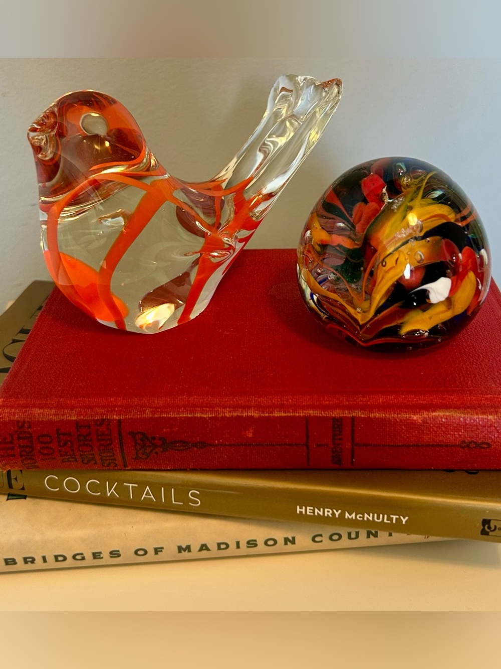 Vintage Art Glass Bird & Swirl Paperweight Set